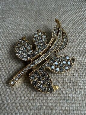 Gold Leaf Crystal Brooch - Clear Stones